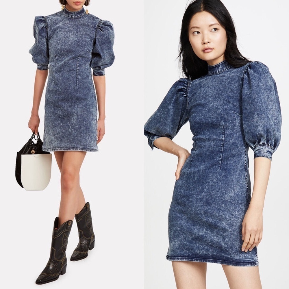GANNI 90s Acid Wash Stretch Denim Puff Short Sleeve Mockneck Sheath Mini Dress M